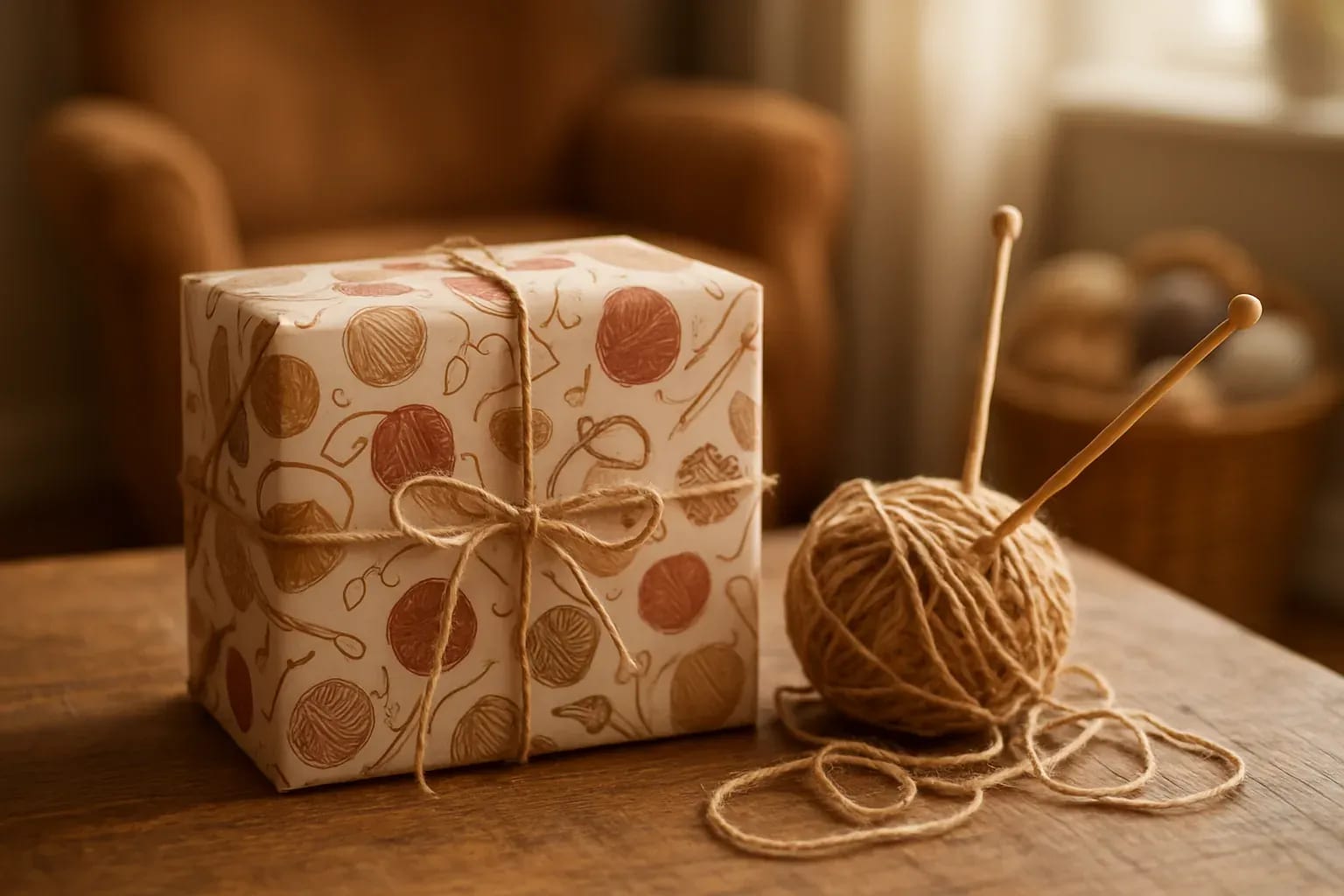 Gift box wrapped in yarn-ball print paper and tied with twine, next to a ball of yarn with two wooden knitting needles