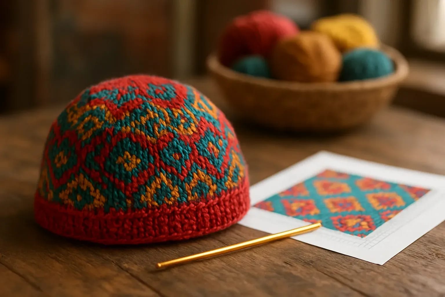 Red, teal and mustard colourwork hat beside a pattern chart and a gold crochet hook