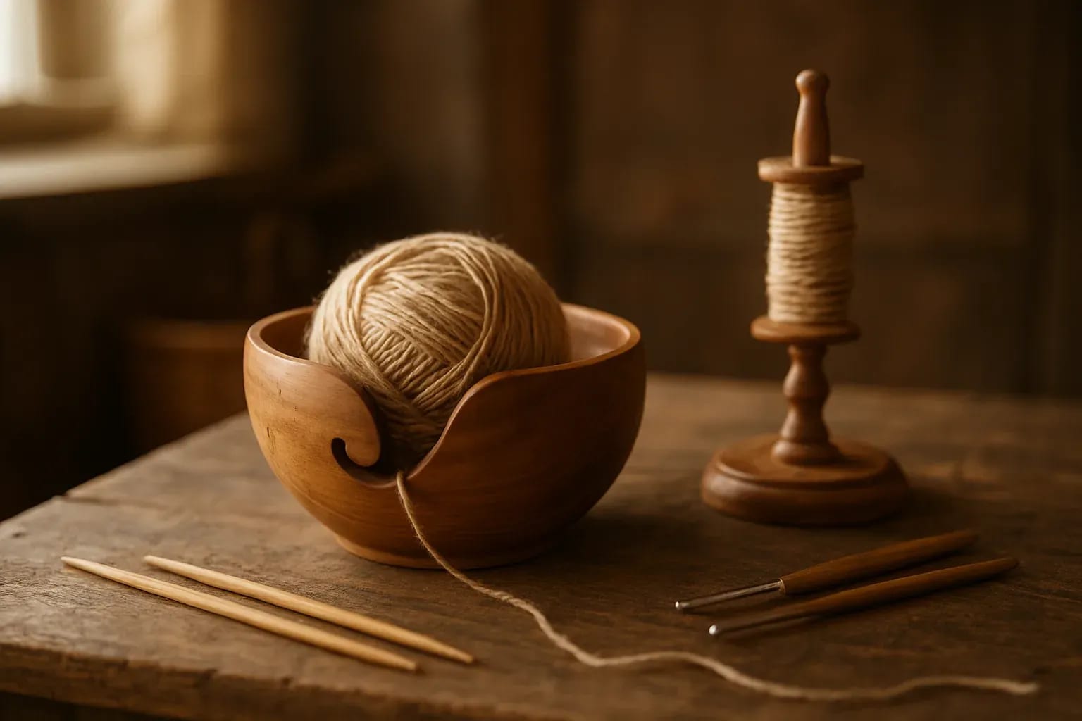 Wooden yarn bowl holding a ball of wool, next to a wooden spool holder, needles and crochet hooks on a table