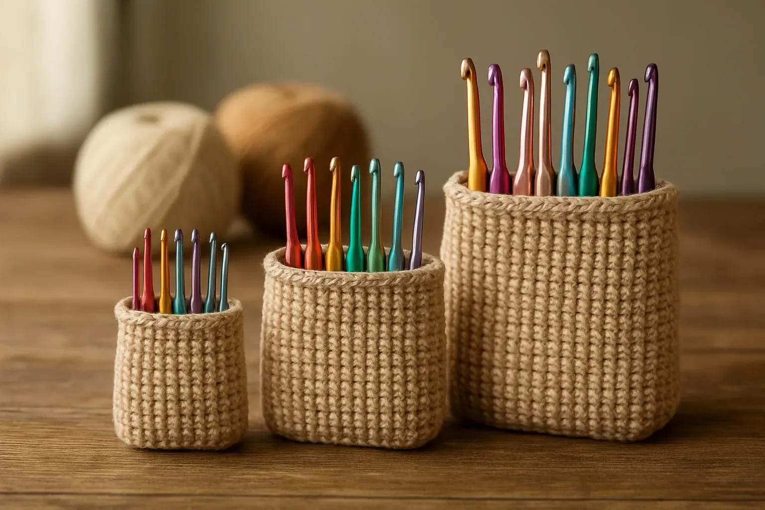 Three small yarn baskets of different sizes holding colourful crochet hooks, with two balls of yarn behind