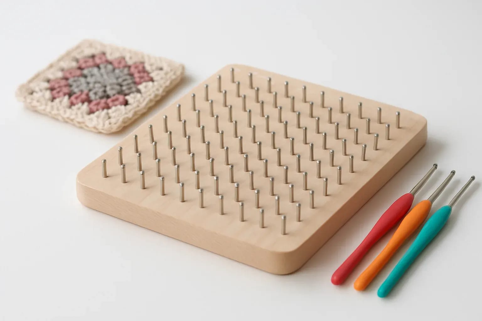 Wooden blocking board with metal pegs, a crocheted square and three coloured crochet hooks
