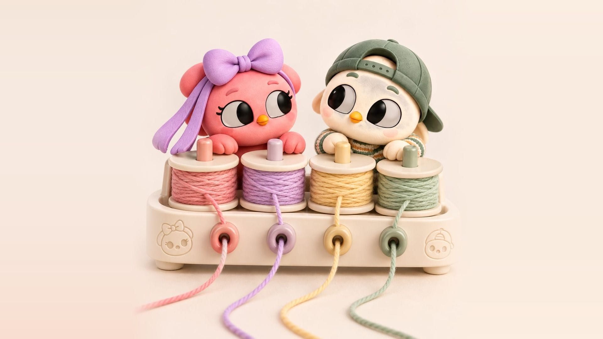 Four spools of pink, lilac, yellow and green yarn on a base, with two Mota & Nudo characters peeking over the top