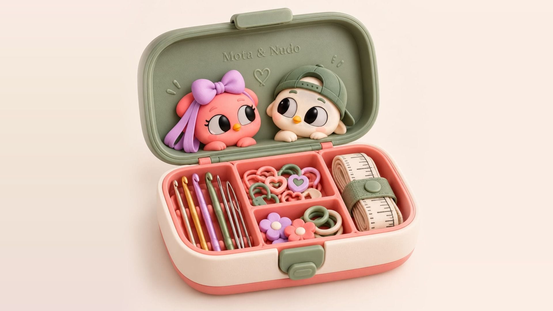 Open Mota & Nudo accessories case with crochet hooks, needles, stitch markers and a tape measure, and two characters peeking from the lid
